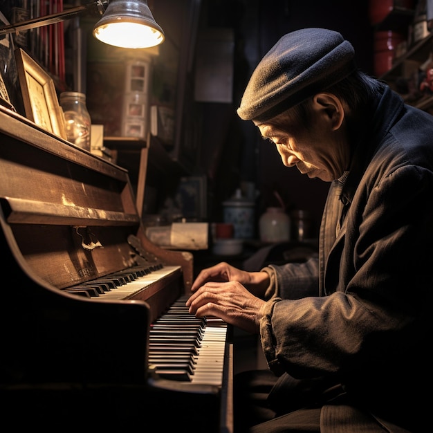 un hombre tocando el piano con una lámpara detrás de él