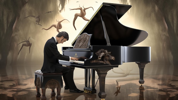 Un hombre tocando un piano con un perro en el frente.