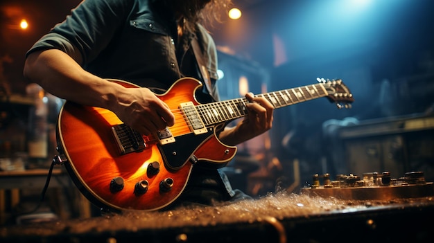 Hombre tocando en primer plano de guitarra eléctrica Músico tocando en ai generador de guitarra eléctrica