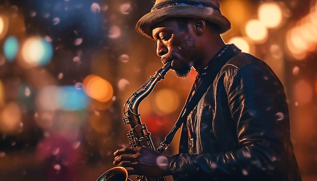 Un hombre tocando un saxofón en una ciudad.