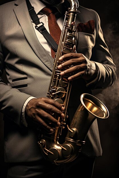 Foto un hombre tocando un saxofón con una corbata roja