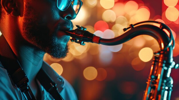 Hombre tocando el saxofón frente a un árbol de Navidad bellamente decorado Perfecto para agregar un toque festivo a proyectos con temática navideña