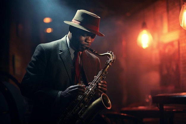 Un hombre tocando un saxofón en una habitación oscura con luces detrás de él.
