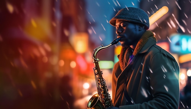 Un hombre tocando un saxofón bajo la lluvia.