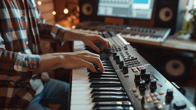 Foto hombre tocando sintetizador en un estudio de música en casa