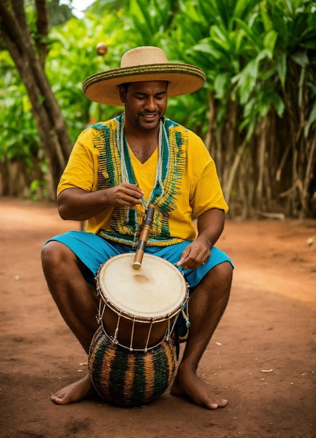 Foto un hombre está tocando los tambores en la selva