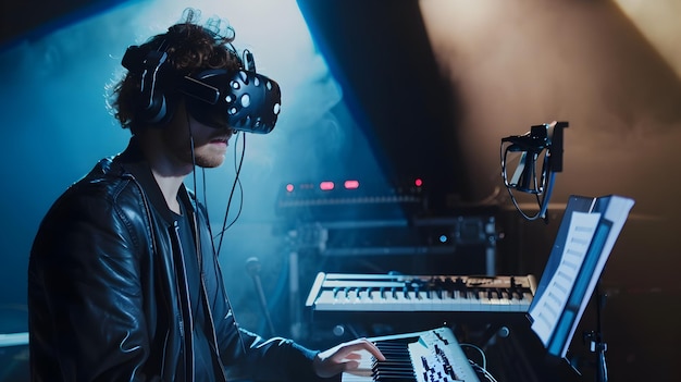 Hombre tocando el teclado en un concierto de realidad virtual