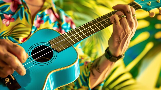 Hombre tocando el ukulele Closeup de las manos de un músico tocando las cuerdas de un ukulele azul