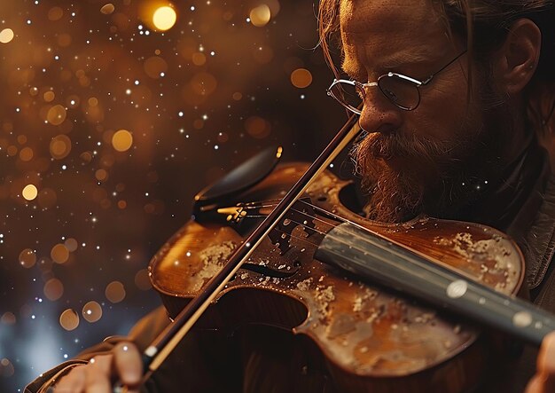 un hombre tocando un violín con un arco y gafas