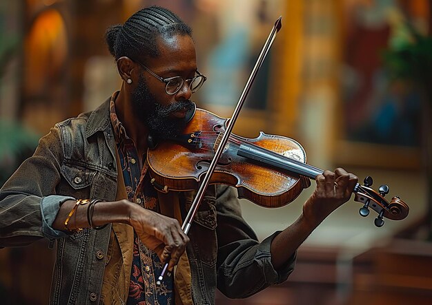 un hombre tocando un violín con un arco y gafas