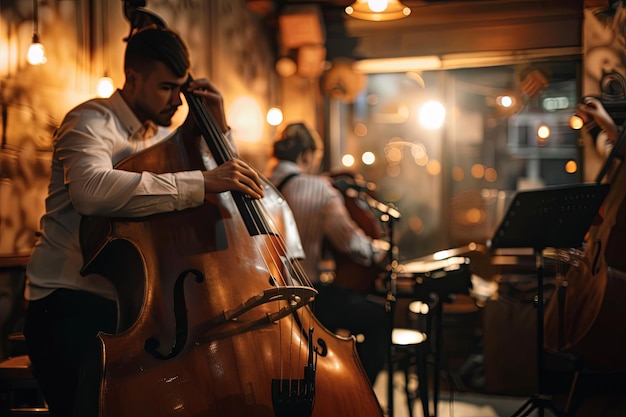 Hombre tocando el violonchelo en un bar