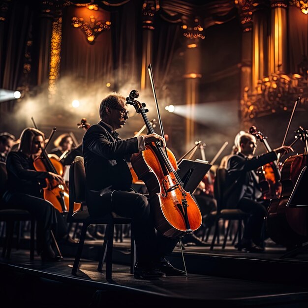 un hombre tocando el violonchelo en el escenario con otros músicos