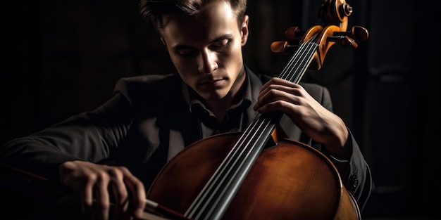 Un hombre tocando un violonchelo en una habitación oscura.