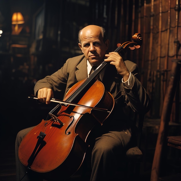 un hombre tocando un violonchelo con lazo y corbata.