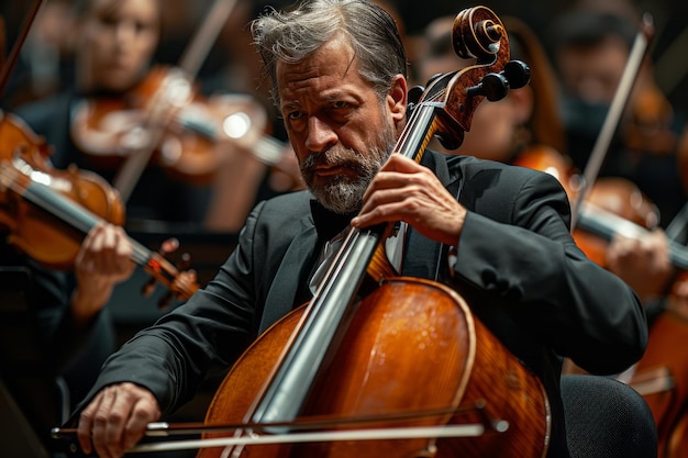 Un hombre tocando el violonchelo en una orquesta durante un concierto