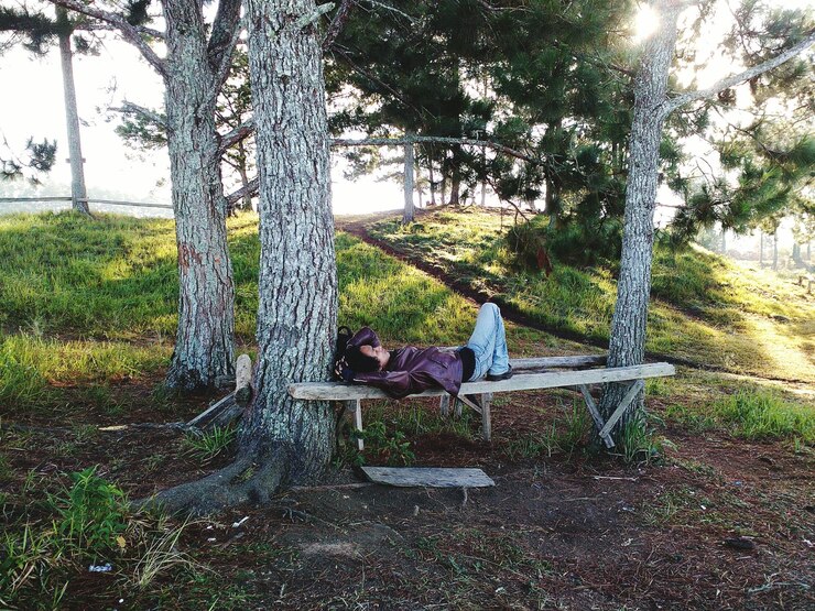 Foto hombre de toda la longitud acostado en un banco en medio de los árboles en el bosque