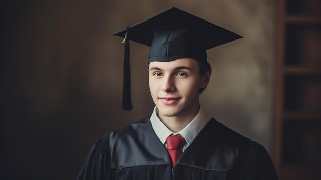 Un hombre con toga y birrete de graduación se para frente a un fondo oscuro