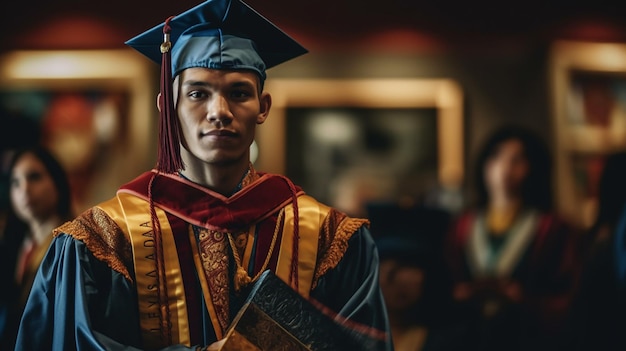 Un hombre con toga y birrete de graduación se para en una habitación con otras personas