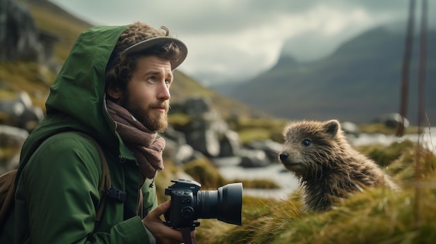 Un hombre toma una foto de un oso pardo en la naturaleza el día de San Patricio