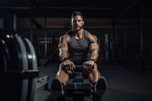 Un hombre se toma un momento para sentarse en la parte superior de un banco en el gimnasio para descansar y recuperarse miembro del gimnasio usando la máquina de remo generada por IA