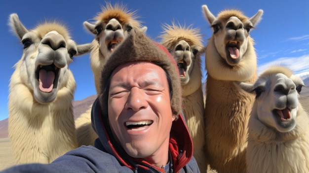 Un hombre se toma una selfie con cuatro llamas