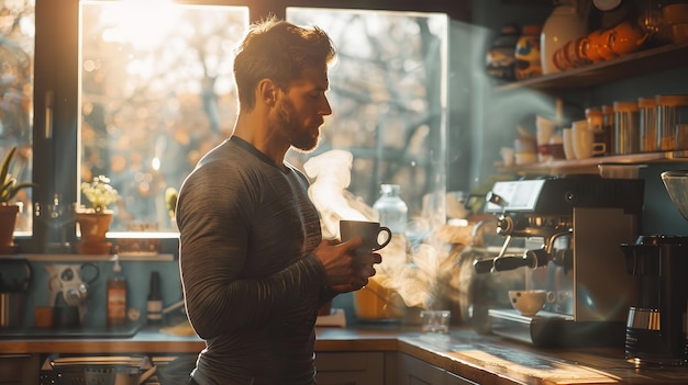 Un hombre toma una taza de café en el comedor de su casa después de trabajar en el sol.