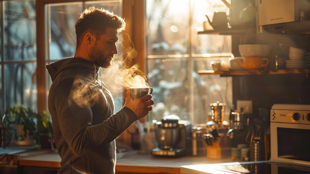 Un hombre toma una taza de café en el comedor de su casa después de trabajar en el sol.