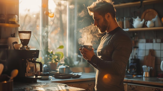 Un hombre toma una taza de café en el comedor de su casa después de trabajar en el sol.