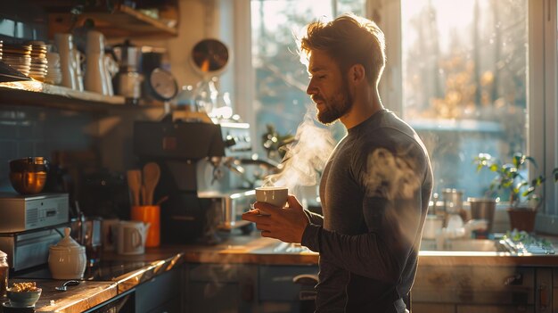 Un hombre toma una taza de café en el comedor de su casa después de trabajar en el sol.