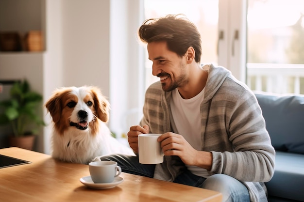 hombre tomando café y alimentando al perro en casa