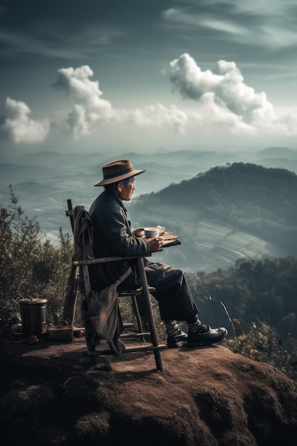 Hombre tomando café y sentado en la cima de la montaña con un hermoso paisaje IA generativa