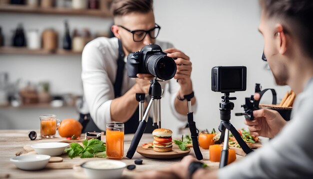 Foto un hombre está tomando una foto de una cámara y una cámara