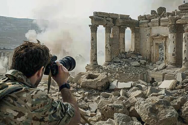 Un hombre tomando una foto de un edificio destruido