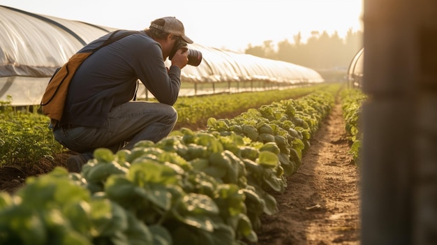 Un hombre tomando una foto de una granja de lechugas.