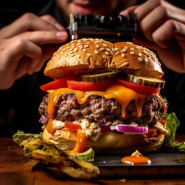 Foto un hombre está tomando una foto de una hamburguesa con un cuchillo y un tenedor