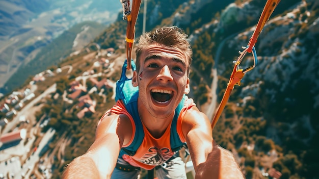 Un hombre tomando una foto mientras hace bungee jumping desde un pico con vistas a una noción de vacaciones de aventura de verano y espacio IA generativa