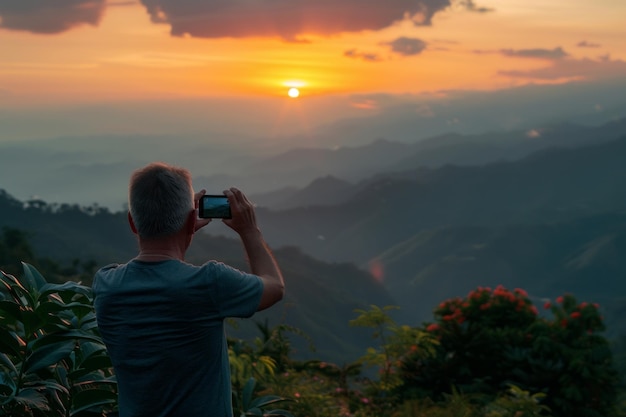 Hombre tomando una foto con su teléfono móvil con un fondo de escena de puesta de sol Día Mundial de la Fotografía
