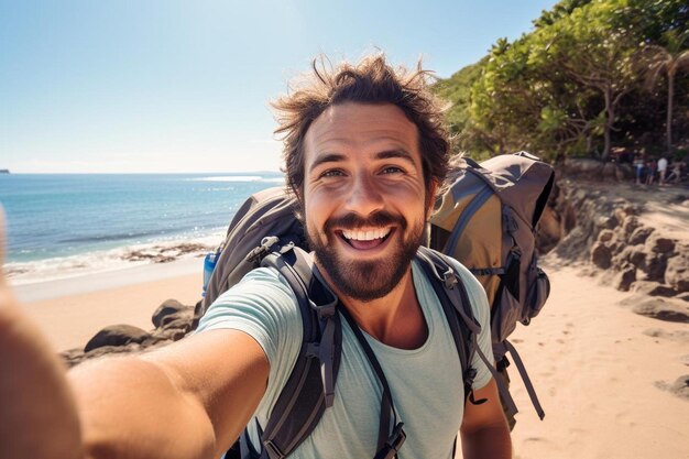 Foto un hombre tomando una selfie en la playa