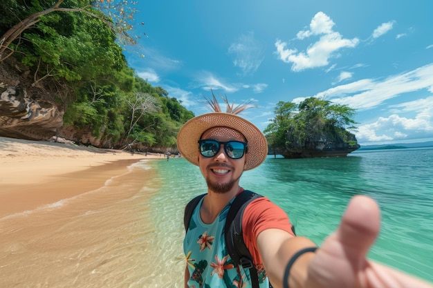 Un hombre tomando una selfie con un teléfono inteligente en una playa tropical mientras está de vacaciones