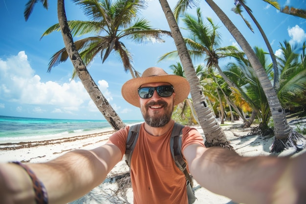 Un hombre tomando una selfie con un teléfono inteligente en una playa tropical mientras está de vacaciones