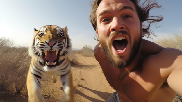 Foto un hombre tomando selfie con tigre el hombre está corriendo león persiguiendo al hombre animales salvajes