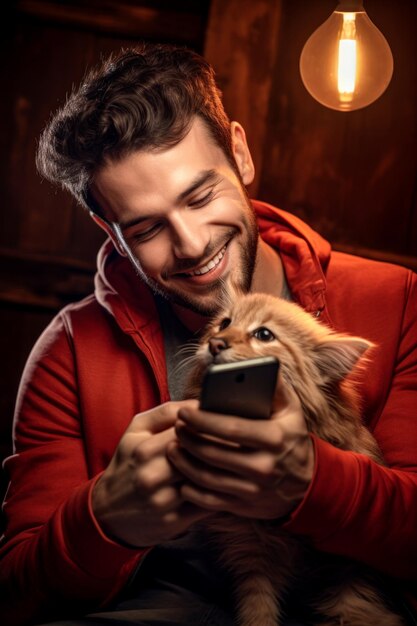 Un hombre tomándose una selfie con su gato con IA generativa