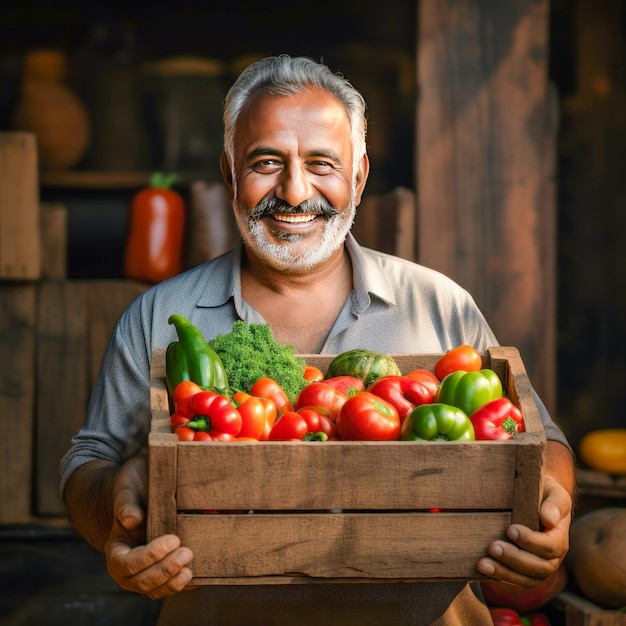 hombre con tomate fresco y canasta de verduras