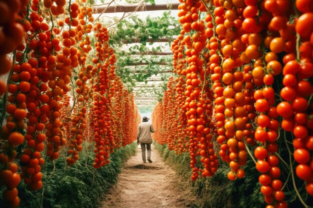 Un hombre entre tomates colgantes altos IA generativa