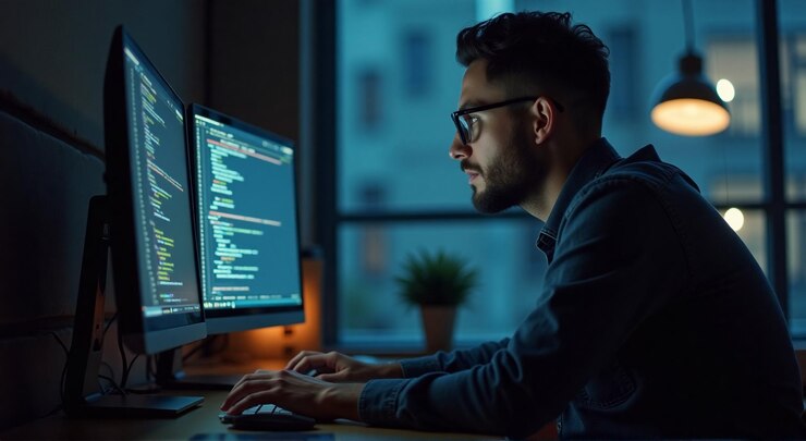 Foto un hombre trabaja en una computadora con el código de la palabra en la pantalla