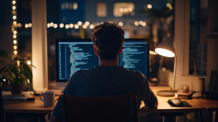 Foto un hombre trabaja en una computadora por la noche