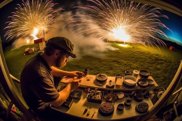 Un hombre trabaja en una exhibición de fuegos artificiales en miniatura.