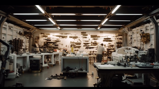 Un hombre trabaja en una fábrica de zapatos con una máquina al fondo.