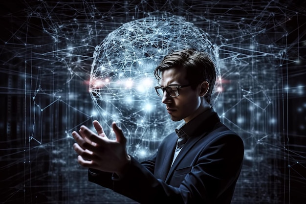 El hombre trabaja con inteligencia artificial y redes neuronales Concepto de tecnologías digitales inteligentes del futuro Ilustración generativa de IA