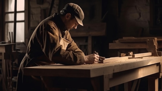 Un hombre trabaja sobre una mesa en un taller.